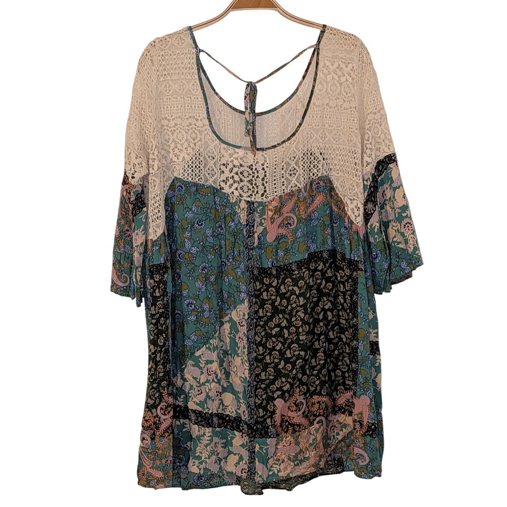 Umgee Womens Boho Patchwork Paisley Floral Tunic Top Crochet Lace Cream‎ Teal L - Picture 3 of 7
